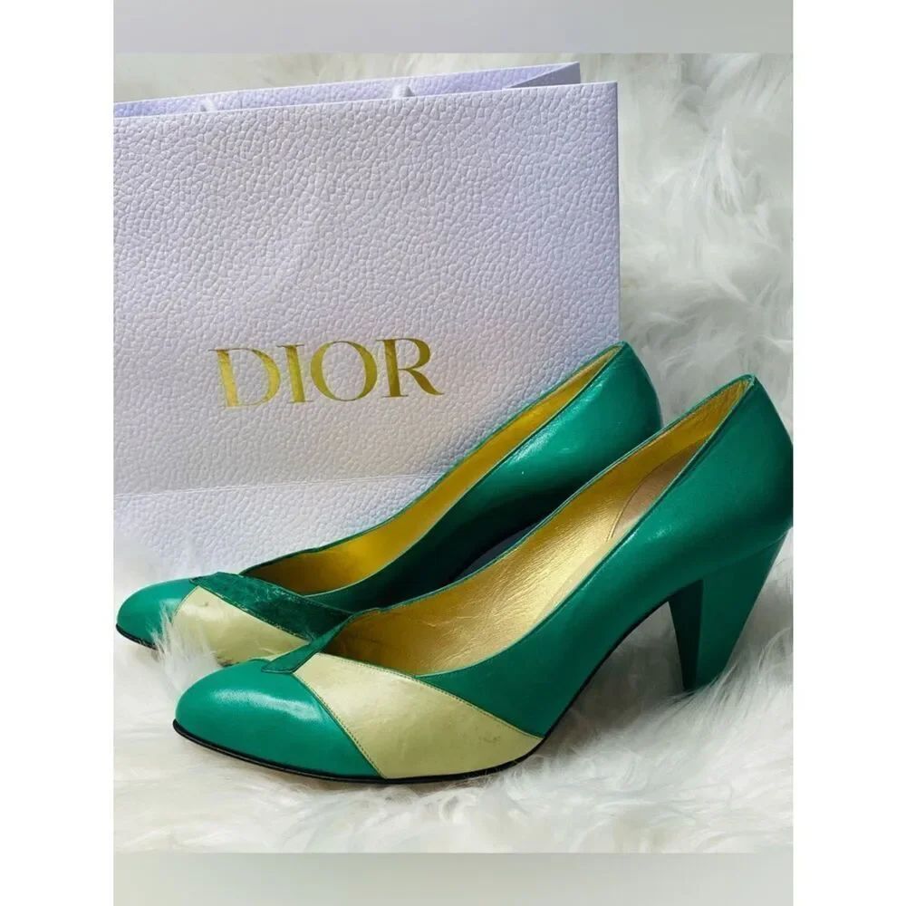 🛍️ Dior (from 1953-63) Authentic Emerald Green, Cream & Gold Color-block Pumps - Picture 14 of 16